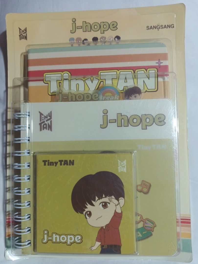 BTS TinyTAN J-Hope Hardcover Notebook Index Notebook Memopad Set (Category: K-Wave Merchandise) located in Davao. Submitted by jmhocson (Listing ID 1443005058, Image 1). Description: - Adorable TinyTAN J-Hope stationery set - Made in Korea - Includes: Hardcover notebook, Index notebook, Memopad set - Features cute J-Hope TinyTAN illustrations - Ideal for BTS fans and everyday note-taking.