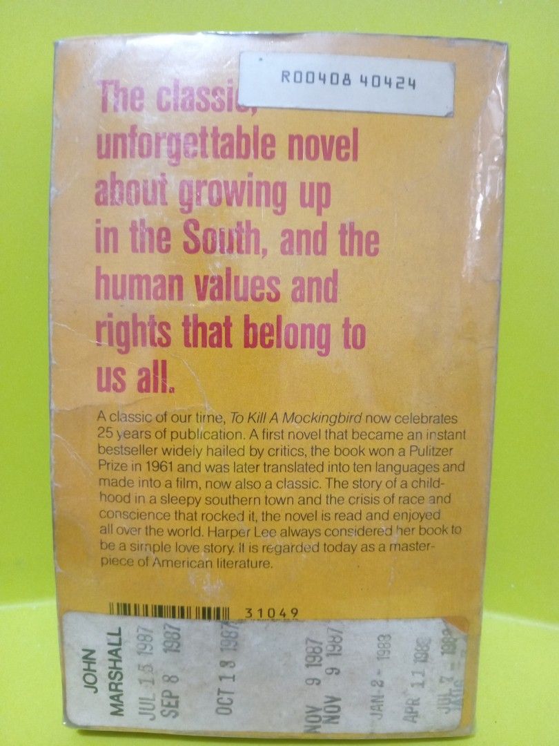 ©1960 To Kill A Mockingbird by Harper Lee (Category: Storybooks) located in Mabalacat. Submitted by kencloset (Listing ID 1443014302, Image 2). Description: Paperback ©1960 Yellowed pages due to age. No tears. No writings. With plastic cover Harper Lee's Pulitzer-winning 1960 novel To Kill a Mockingbird is narrated by young Jean Louise "Scout" Finch in 1930s Maycomb, Alabama. The story tracks her father, Atticus, a principled lawyer defending a B