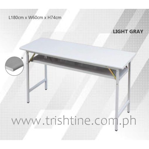 TRT-010 | Foldable Training Table Bullnose Edge (Category: Tables & Sets) located in Caloocan City. Submitted by jimtapitan_trishtinecorp. (Listing ID 1442988141, Image 1). Description: - Light gray folding table - Dimensions: L180cm x W60cm x H74cm - Built-in shelf for extra storage - Ideal for events, study, or work - Sturdy metal legs - Easy to set up and store away DISCLAIMER: Price is for Posting Purposes Only.