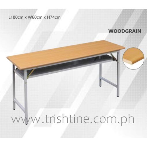 TRT-011 | Foldable Training Table Bullnose Edge (Category: Tables & Sets) located in Caloocan City. Submitted by jimtapitan_trishtinecorp. (Listing ID 1442987472, Image 1). Description: - Long woodgrain folding table - Dimensions: L180cm x W60cm x H74cm - Built-in shelf for extra storage - Perfect for events, study sessions, or work-from-home setups - Folds easily for convenient storage - Sturdy metal legs for stability DISCLAIMER: Price is for P