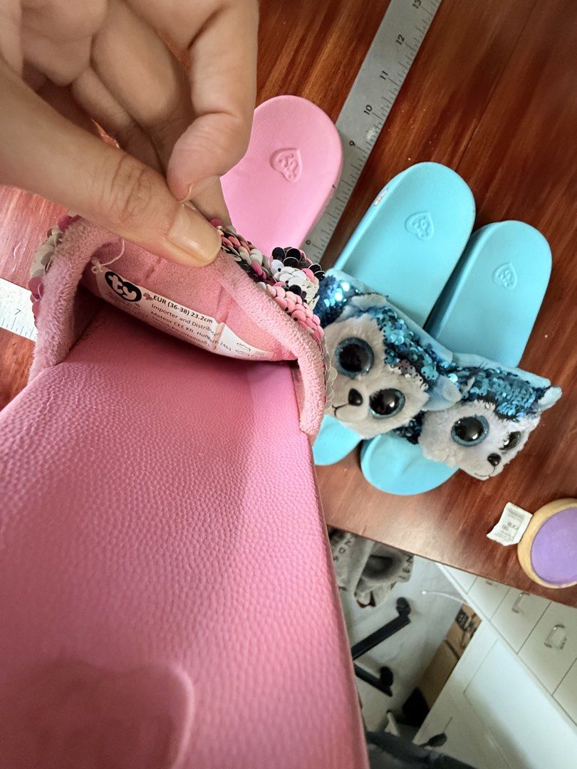 Ty Beanie Boos Slides - Pink & Blue (Category: Babies & Kids Fashion) located in Paranaque City. Submitted by shop333 (Listing ID 1442927590, Image 3). Description: - ORIGINAL TY slip -ons with plushie design Php 500 each - pink size 36-38 euro - blue size usa 4-7 Please check photo for exact measurement Sizing is smaller than usual. Can send video before ordering so you can check carefully. Will not accept returns. Thanj you! Adorable Ty Beanie 