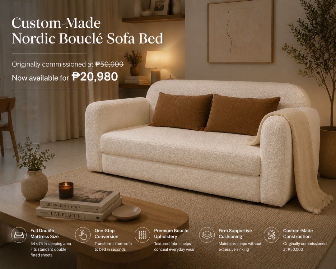 White Sofa Bed (Category: Sofas) located in Paranaque City. Submitted by yanar1 (Listing ID 1429092759, Image 1). Description: Originally commissioned for Php50,000 Selling for less than half of the original cost White boucle fabric Minimalist Nordic Organic Modern Design 📐 SIZE Mattress size: Full/Double 54x75 inches Dimensions (lwh): - Sofa mode —> 138 x 113 x 68cm - Bed mode —> 138 x 213 x 68 cm 💕 WHAT TO LOVE ABOUT THIS SOFA BED: - size fol