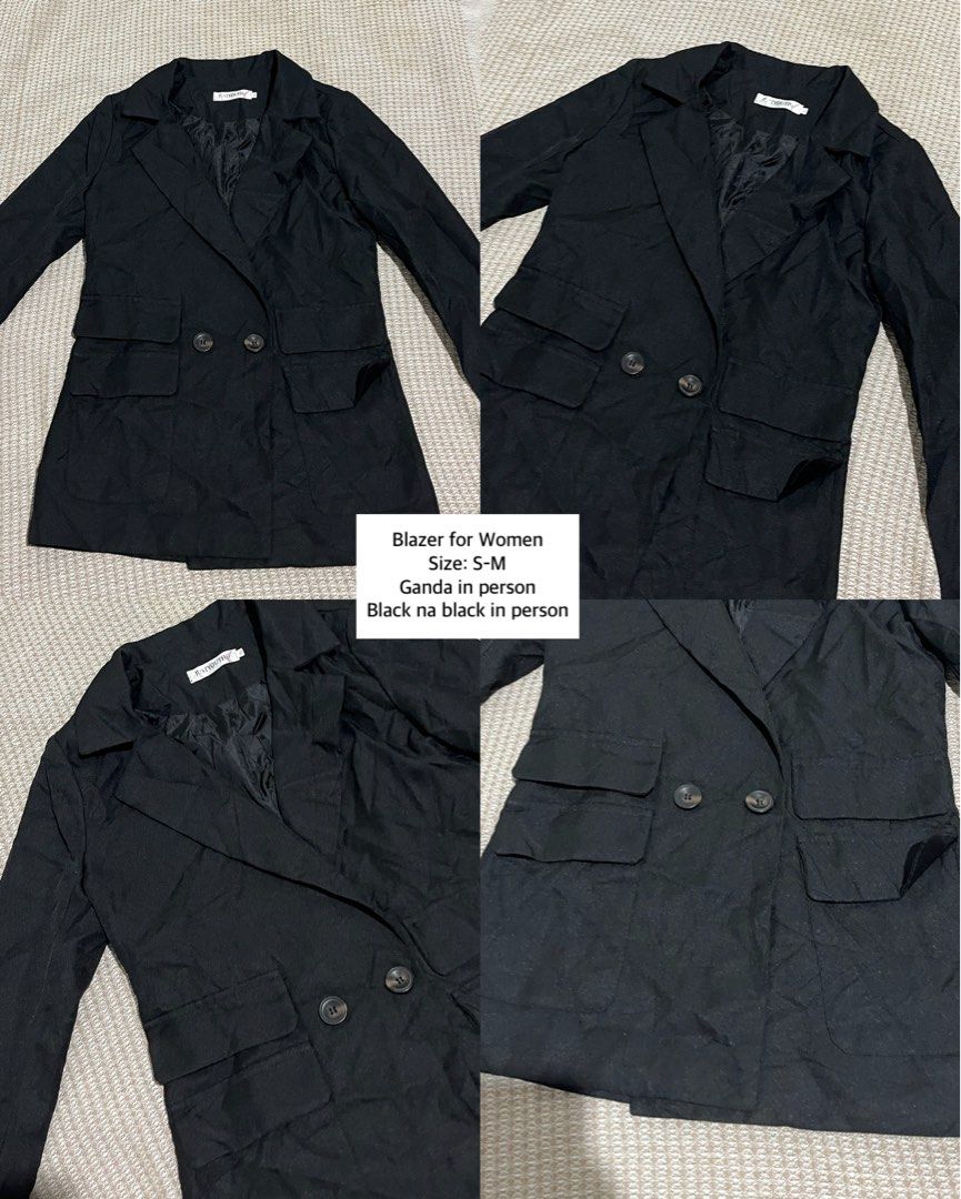 Women's Black Double-Breasted Blazer (Category: Coats, Jackets and Outerwear) located in Manila. Submitted by patelinternationalservices_26 (Listing ID 1443098123, Image 1). Description: - Classic deep black double-breasted blazer - Two functional front pockets - Versatile style: dress up or down - Fits sizes Small to Medium.