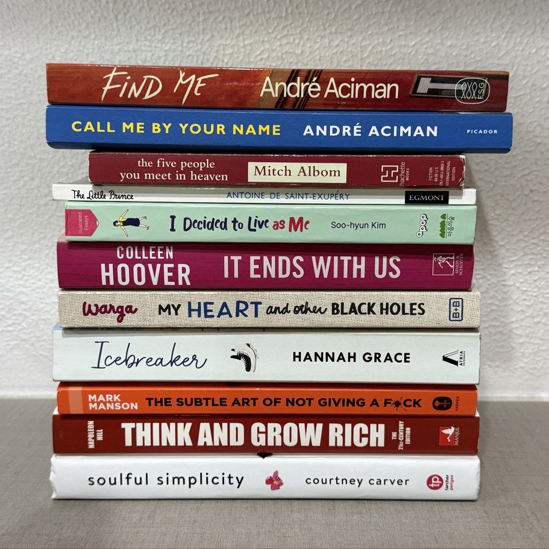 Assorted Books (Category: Storybooks) located in Manila. Submitted by defscart (Listing ID 1422116083, Image 1). Description: - the dive people you meet in heaven - ₱350 - i decided to live as me - ₱350 - it ends with us - ₱300 - my heart and other black holes - ₱350 - ice breaker - ₱400 - find me - ₱350 - call me by your name - ₱350 - the subtle art of not giving a f*ck - ₱350 - think and grow - ₱350 - soulful simplicity - ₱350.