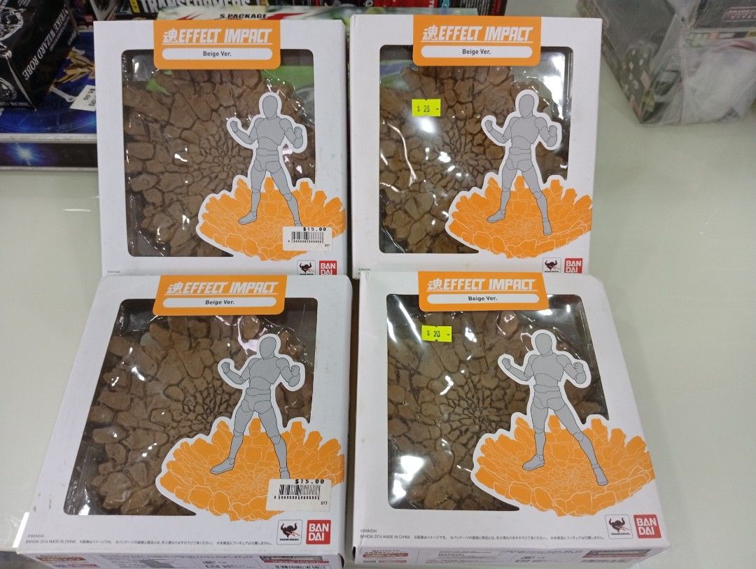 Bandai Tamashii Effect Impact Beige Ver. action figure accessories, designed to simulate broken ground for display scenes (Category: Toy Figures) located in Singapore. Submitted by maxmaxboi (Listing ID 1443206273, Image 1). Description: - Bandai Effect Impact Beige Sets - Perfect for action figure dioramas - Creates realistic rocky, explosive ground effects - Brand new, sealed in original packaging posting for friend, dealing is with her buyers 