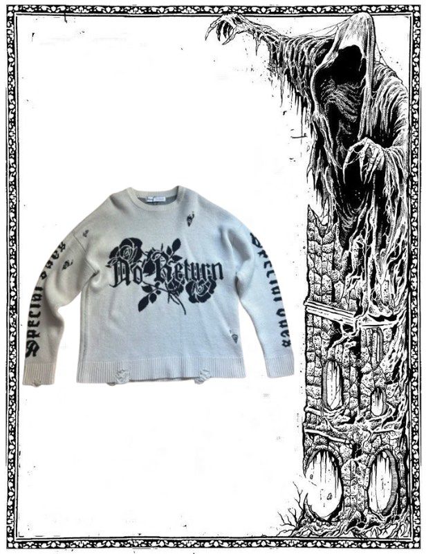 grunge bershka jacket (Category: Longsleeves) located in Manila. Submitted by playingwithhfire (Listing ID 1443239331, Image 1). Description: - Cream knit sweater with a unique gothic-inspired design. - Features a striking black 'No Return' rose graphic on the front. - 'Special' and 'return over' text printed on the sleeves. - Distressed details on the hem and sleeves add to the edgy aesthetic..