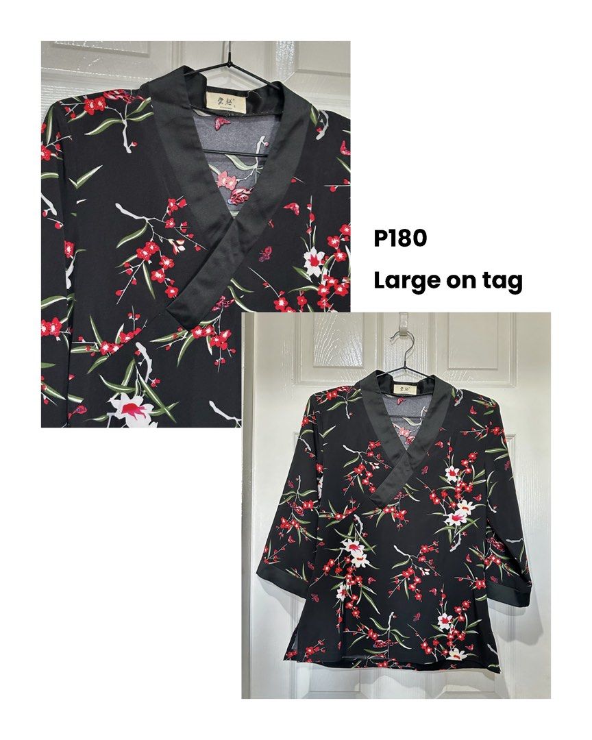 Black Floral Kimono Style Top (Category: Blouses) located in Mandaluyong City. Submitted by busybugzy (Listing ID 1443290226, Image 1). Description: - Elegant black top with a beautiful red and white floral print. - Features a sophisticated kimono-style collar with luxurious satin trim. - Comfortable three-quarter sleeves..