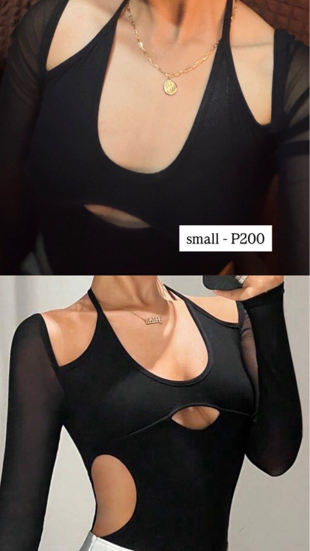 Black Mesh Cut-out Long Sleeve Bodysuit (Category: Others Tops) located in Marikina City. Submitted by stitchmoodstudio (Listing ID 1443244471, Image 1). Description: - Black long sleeve bodysuit - Mesh sleeves - Cut-out details on chest and sides - Halter neck style - Super flattering fit - Versatile: great for layering or wearing on its own.