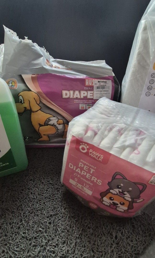 Bundle of pet shampoo, diaper, training pads and mat (Category: Health & Grooming) located in Caloocan City. Submitted by celonessentials (Listing ID 1443220902, Image 3). Description: my dog passed away just last week, hence selling all her grooming essentials: 1. Liquid Shampoo and body soap bar (unused) 2. Small female diaper 12pcs (unused) 3. Medium 10pcs diaper (opened) 4. Pet training pads L , i think 30pcs na lang 5. floor mat (for their b