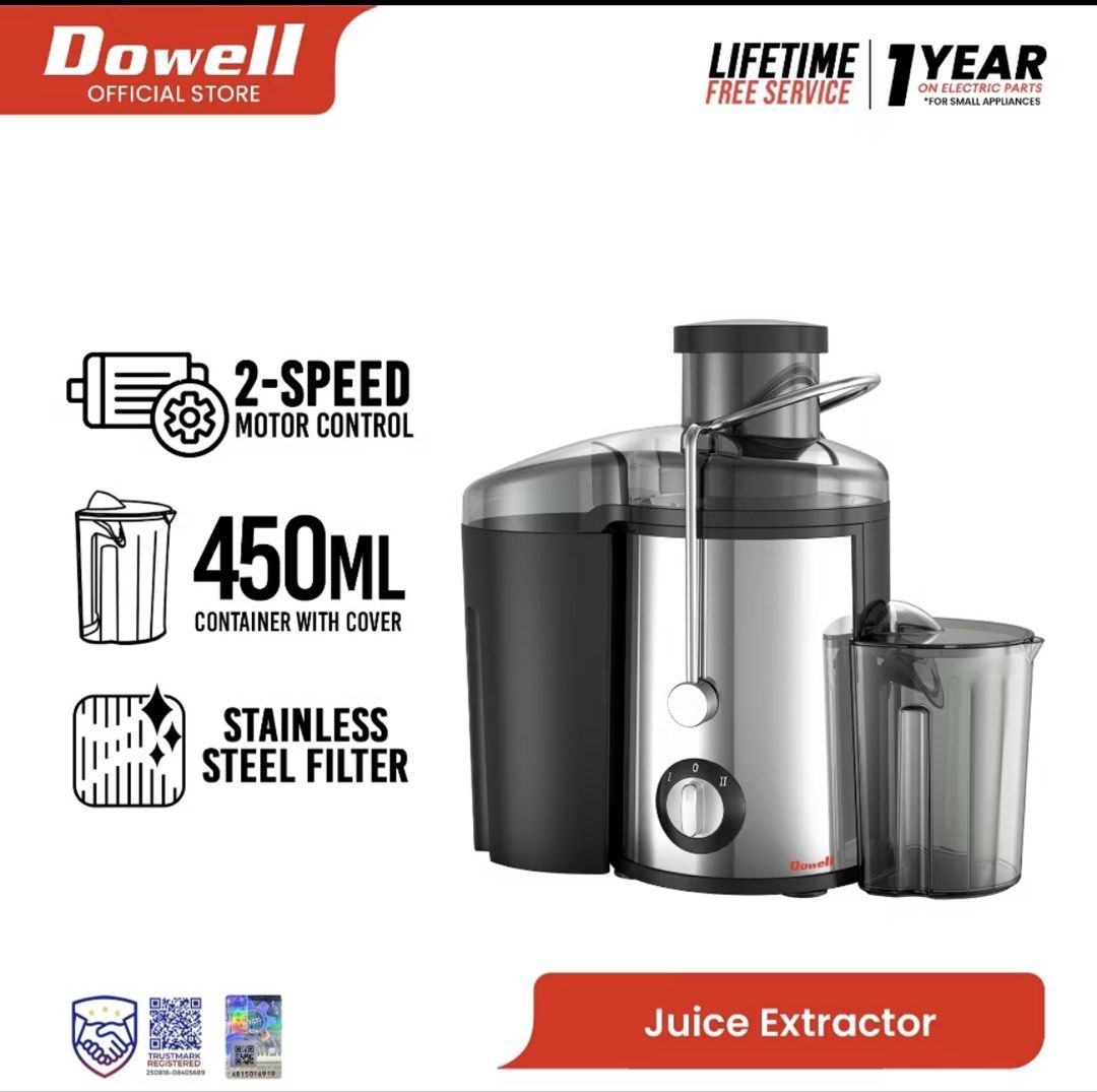 Dowell Juice Extractor JE-821 (Category: Juicers, Blenders & Grinders) located in Pasig City. Submitted by heydeclutterwithmee (Listing ID 1443153584, Image 3). Description: - Dowell Juice Extractor JE-821 - Powerful 2-speed motor control - Durable stainless steel micro-mesh filter blade - Comes with a 450ml juice container with cover - Wide 65mm feeder tube for easy fruit and vegetable insertion - Perfect for making fresh, healthy juices at home