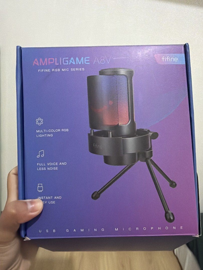 Fifine A8v (Category: Microphones) located in Calamba. Submitted by xjaerniisz (Listing ID 1440901457, Image 1). Description: Bought it for 2,300 Description: - Fifine condenser microphone with vibrant RGB lighting - Includes a compact desktop stand - Convenient mute button located on top - Built-in headphone jack for real-time monitoring Guidelines: - Payment first policy - Buyer will shoulder shipping fee - MOP: GCASH 📍Calamba 📦 J&T / LALAMOV