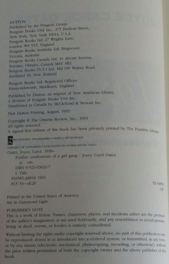 Foxfire by Joyce Carol Oates (Category: Storybooks) located in Marikina City. Submitted by minimalistmanila (Listing ID 1440689693, Image 2). Description: Foxfire: Confessions of a Girl Gang is a 1993 feminist novel by Joyce Carol Oates. Set in 1950s upstate New York, it follows five high school outcasts who form a secret, female-led gang to fight back against a violent, male-dominated society and exact revenge on their abusers *US bought. Paperb