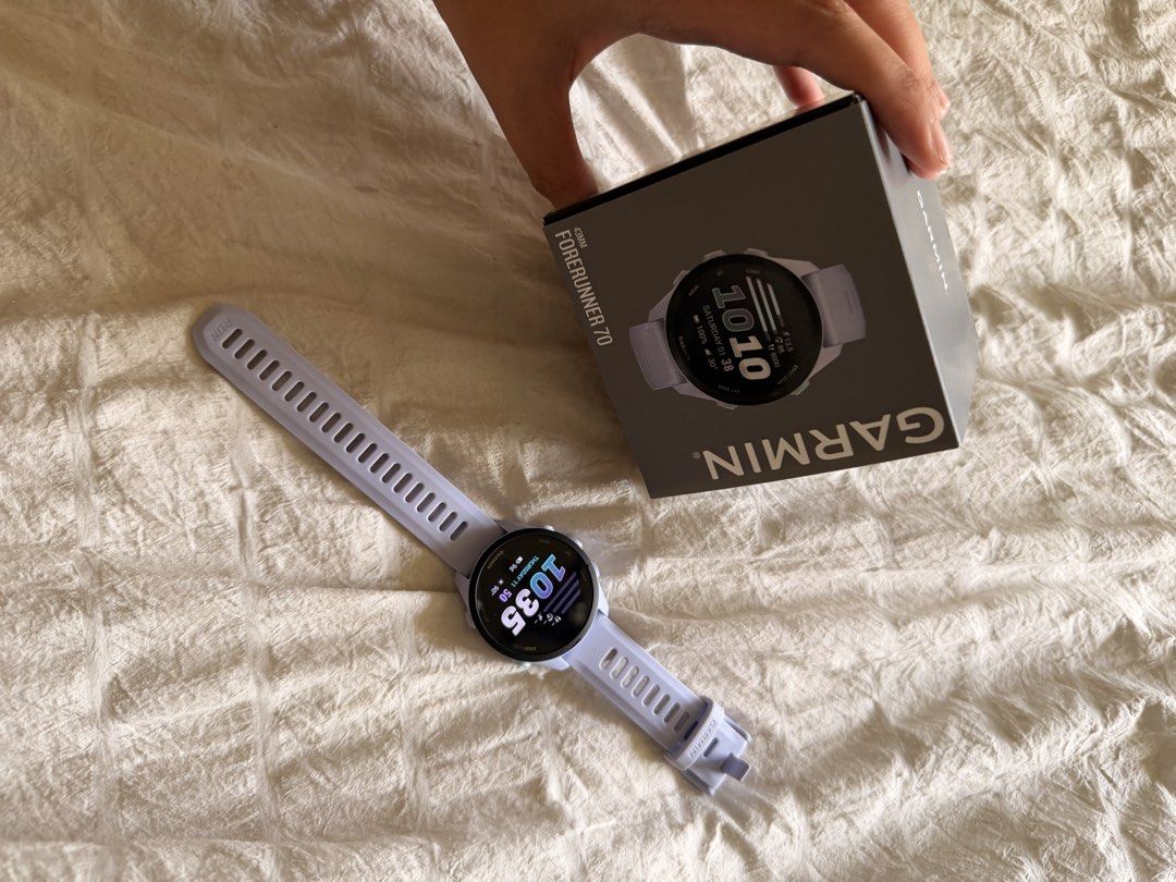 Garmin Forerunner 70 GPS Running Watch - Lilac (Category: Wearables & Smart Watches) located in Paranaque City. Submitted by lovebeautyfashion (Listing ID 1443143031, Image 2). Description: - Garmin Forerunner 70 GPS running watch - Color: Lilac - Includes original box and charger - Ideal for tracking runs and various activities - Heart rate sensor (on back) is fully functional - Adjustable watch strap for a comfortable fit RFS: Bought the wrong 