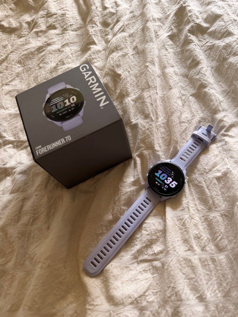 Garmin Forerunner 70 GPS Running Watch - Lilac (Category: Wearables & Smart Watches) located in Paranaque City. Submitted by lovebeautyfashion (Listing ID 1443143031, Image 1). Description: - Garmin Forerunner 70 GPS running watch - Color: Lilac - Includes original box and charger - Ideal for tracking runs and various activities - Heart rate sensor (on back) is fully functional - Adjustable watch strap for a comfortable fit RFS: Bought the wrong 