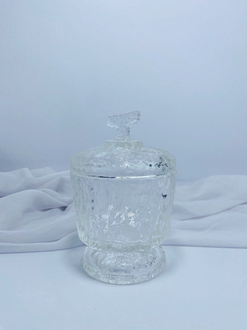 Glass Candy Jar (Category: Other Kitchenware & Tableware) located in Pasay City. Submitted by thepickypicker (Listing ID 1443267483, Image 1). Description: Glass Candy Jar P980 Size:6 1/2 tall, 4 1/4 wide *has chip on the cover.