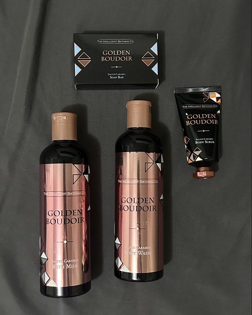Golden Boudoir Bath Set (Category: Bath) located in Manila. Submitted by shop.anika (Listing ID 1443245823, Image 1). Description: Comes with bath milk, body wash, soap bar, and body scrub. Never been used. .