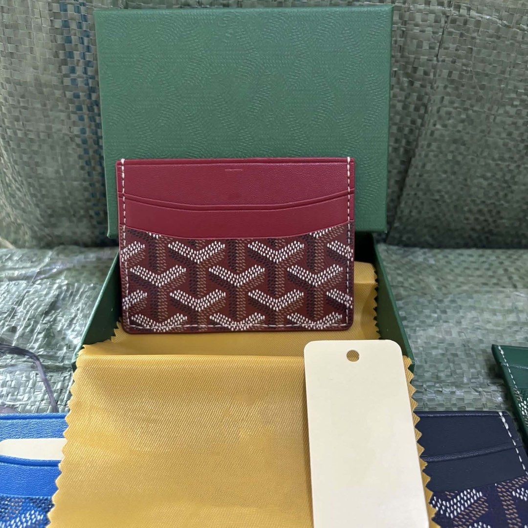 Goyard Card Holder Wallet (Category: Luxury Bags & Wallets) located in Manila. Submitted by lichking416 (Listing ID 1443243921, Image 2). Description: - Stylish card holder wallet with iconic Goyard pattern. - Available colors: Pink, Red, Blue, Dark Grey. - Comes with original box, dust cloth, and tag. - Ideal for keeping your cards neatly organized..
