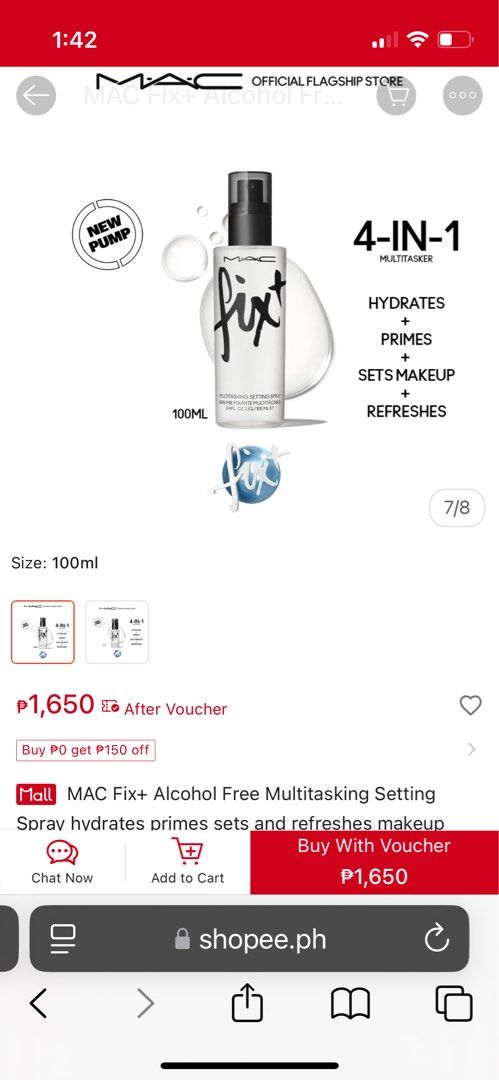 MAC Fix+ Alcohol-Free Multitasking Setting Spray 100ml (Category: Makeup) located in Dumaguete. Submitted by deklutterfly (Listing ID 1443175415, Image 2). Description: MAC Fix+ Alcohol-Free Multitasking Setting Spray 100ml - Bought from Rustan's - Retails at Php 1600+ - Used a few times only. Kindly see juice level in photos - I bought this as a set with Fix+ Stay Over fixing spray. I'm only using that one since I already have another setting sp