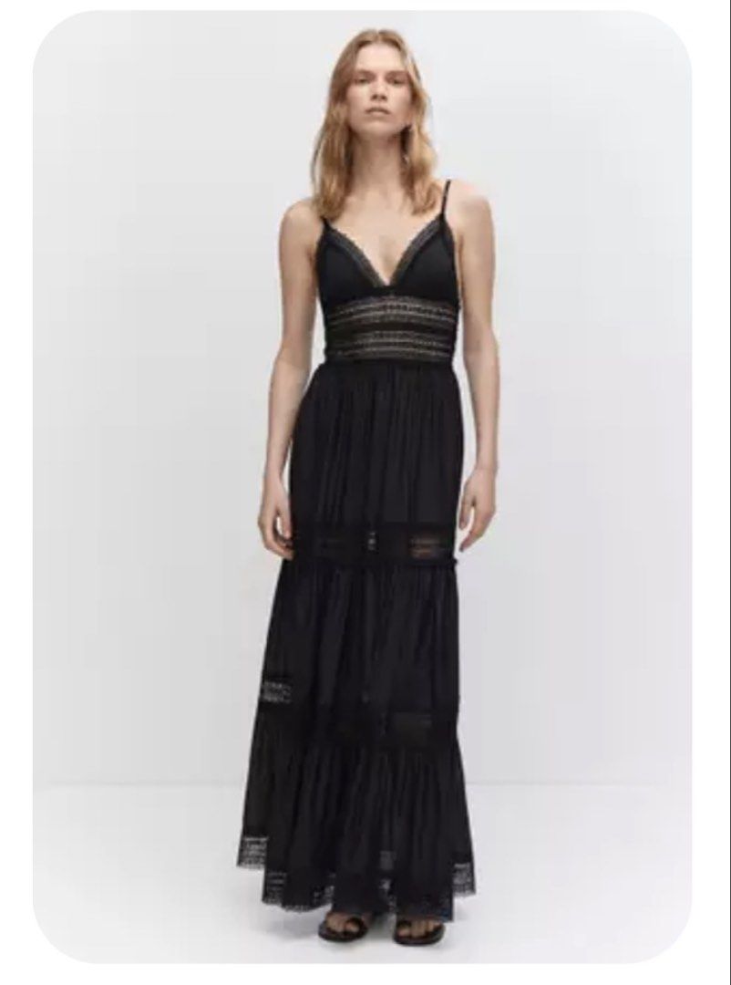 Mango Black Lace Panel Maxi Dress XS (Category: Dresses) located in Quezon City. Submitted by honeybeads (Listing ID 1443234816, Image 1). Description: - Brand: Mango - Style: Black Maxi Dress - Features: Lace panels on bodice, tiered skirt - Neckline: V-neck - Straps: Spaghetti straps - Versatility: Perfect for dressing up or down, ideal for summer evenings Fixed Price Brandnew without tag Washed but not used RFS: size upgrade (di na kasya😅).
