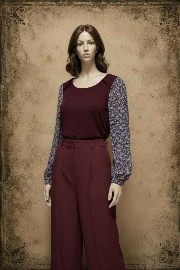 Maroon & Floral Print Long Sleeve Blouse (Category: Blouses) located in Manila. Submitted by potchi0215 (Listing ID 1443149267, Image 2). Description: - Maroon long sleeve blouse - Features floral print on sleeves and bottom hem - Classic round neckline - Effortlessly pairs with trousers or skirts - Comfortable and stylish for any occasion Top only.