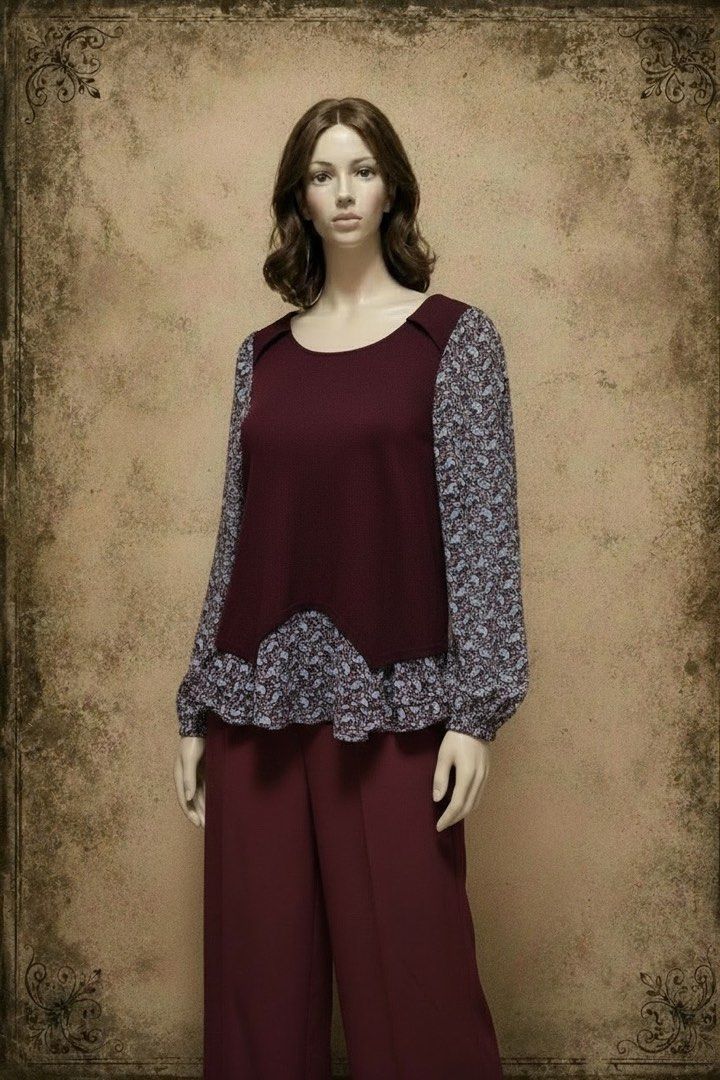 Maroon & Floral Print Long Sleeve Blouse (Category: Blouses) located in Manila. Submitted by potchi0215 (Listing ID 1443149267, Image 1). Description: - Maroon long sleeve blouse - Features floral print on sleeves and bottom hem - Classic round neckline - Effortlessly pairs with trousers or skirts - Comfortable and stylish for any occasion Top only.