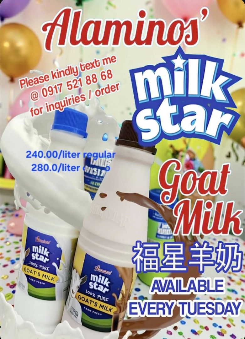 milkstar fresh goat's milk (Category: Fresh Produce) located in Manila. Submitted by ctc5218868 (Listing ID 1443162045, Image 1). Description: milkstar fresh goat's milk 240.00 per liter regular/plain 280.00 per liter chocolate flavor pure raw honey 130.00 / palad bottle 250.00 / longneck bottle for your inquiries and order feel free to text o call me at 0917 521 8868 thank you for reading my post .