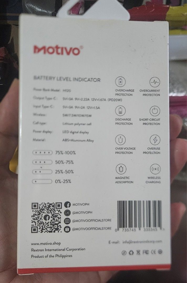 Motivo powerbank (Category: Batteries & Power Banks) located in Rodriguez. Submitted by Branded100 (Listing ID 1443251142, Image 2). Description: - Brand: Motivo - Model: H120 Power Bank - Capacity: 5000mAh - Features: Wireless Charging, Magnetic Adsorption - Display: LED Digital Display for battery level - Input/Output: Type-C PD 20W - Material: ABS + Aluminum Alloy - Safety: Overcharge, Overcurrent, Discharge, Short-Circuit, Over Voltage, Over 