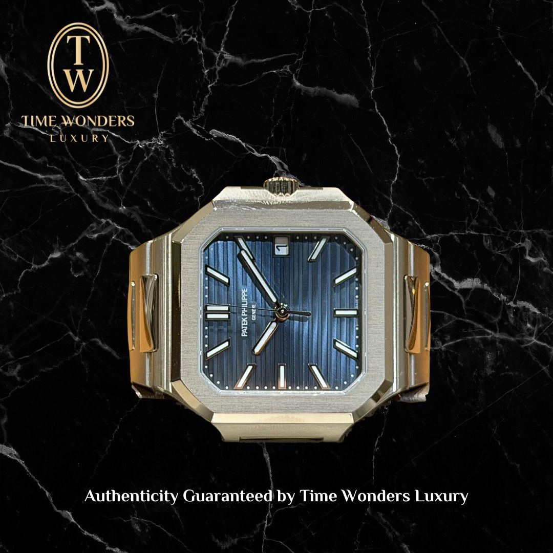 New Q1 2026 Patek Philippe Cubitus White Gold 7128/1G Blue Dial 7128 (Category: Watches) located in Singapore. Submitted by timewondersluxury (Listing ID 1443232557, Image 1). Description: Brand: Patek Philippe Model: 7128/1G Condition: New Dial: Blue Case Diameter: 40mm Movement : Automatic Material: White Gold Bracelet: White Gold Original Box: Yes Original Cert/Papers: Yes Dated: Q1 2026 Warranty: AGENT INTERNATIONAL WARRANTY ENDING Q1 2031. A