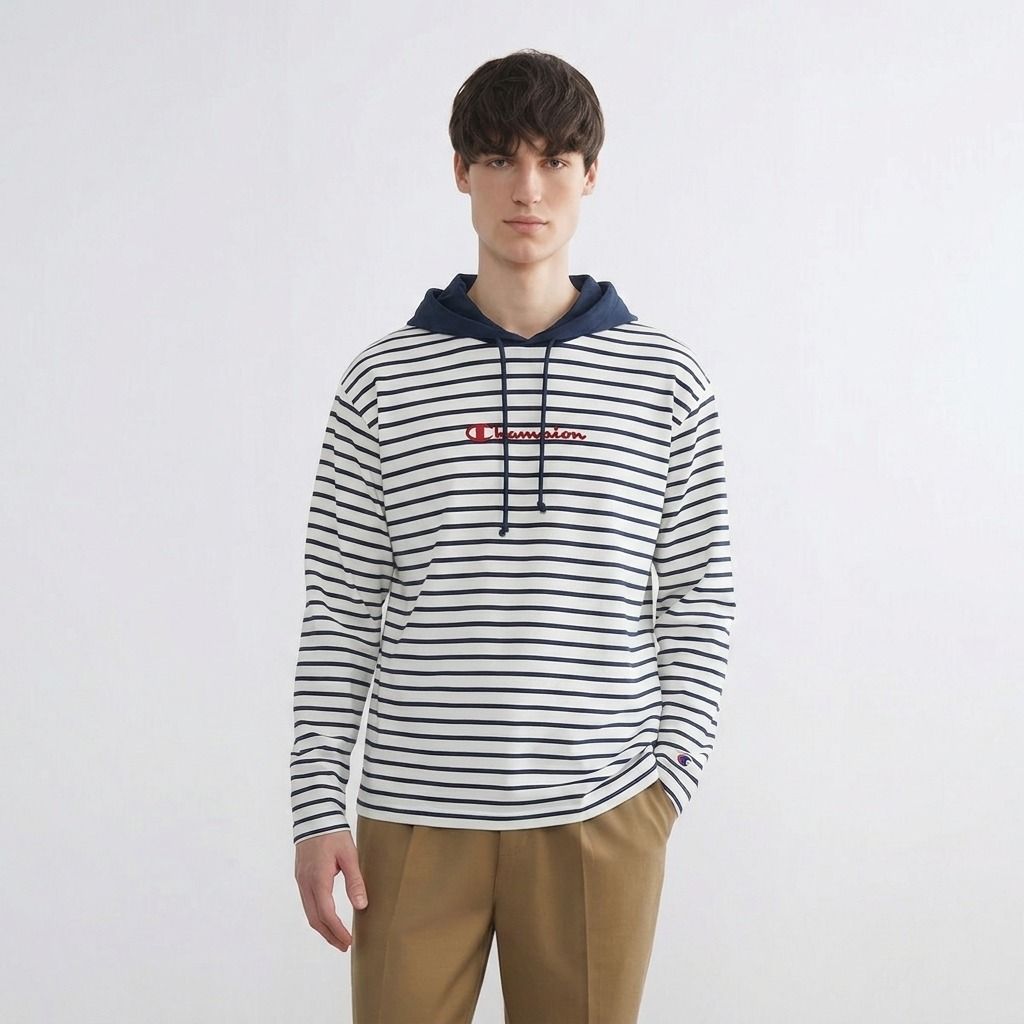 NJ35-CHAMPlON STRIPED LONG SLEEVED HOODIE (Category: Coats, Jackets and Outerwear) located in Bauang. Submitted by wintercollectionfc (Listing ID 1443220583, Image 2). Description: ❗️𝘼𝙡𝙡 𝙙𝙚𝙩𝙖𝙞𝙡𝙨 𝙥𝙤𝙨𝙩𝙚𝙙❗️ ✨𝗖𝗛𝗔𝗠𝗣𝗹𝗢𝗡 𝗦𝗧𝗥𝗜𝗣𝗘𝗗 𝗟𝗢𝗡𝗚 𝗦𝗟𝗘𝗘𝗩𝗘𝗗 𝗛𝗢𝗢𝗗𝗜𝗘✨ ᴄᴏᴅᴇ: ɴᴊ-35 𝐏𝐫𝐢𝐜𝐞: 𝟓𝟖𝟖 + 𝐒𝐅 𝐨𝐧𝐥𝐲 ᴍᴀʟʟ ᴘʀɪᴄᴇ: $799 (Convert niyo nalang po) ▪️ XL ▪️ New with tags ▪️ No issues ▪️ W 22" x L 30.5" ▪️ WHITE/NAVY P