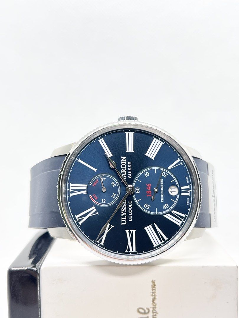 Pre Owned Ulysse Nardin Marine Torpilleur 1183-310/43 Blue Dial Automatic Steel Casing Rubber ( Dec 22 ) (Category: Watches) located in Singapore. Submitted by brightime (Listing ID 1443247595, Image 1). Description: Pre Owned Ulysse Nardin Marine Torpilleur 1183-310/43 Blue Dial Automatic Steel Casing Rubber ( Dec 22 ) ** Pre-Owned ** ** Unpolished Set, Mint Condition ** Model : 1183-310/43 Also known as : Marine Torpilleur Case size : 42mm Dial