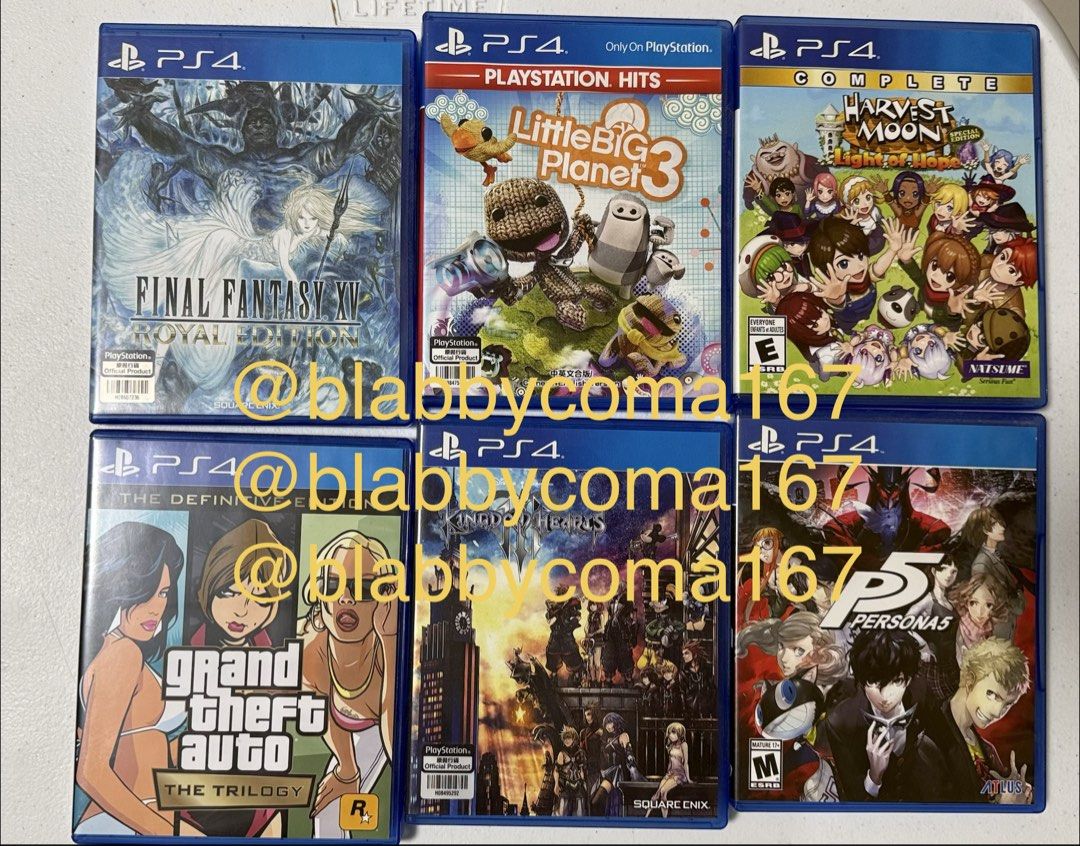 PS4 GAMES FOR SALE (Category: PlayStation) located in Manila. Submitted by blabbycoma167 (Listing ID 1443305105, Image 1). Description: [FOR SALE] PS4 GAMES RFS: I've finished these games and no one else uses them Kingdom Hearts III: 800 Little Big Planet 3: 800 Harvest Moon: Light of Hope SE: 500 Persona 5: 800 Final Fantasy XV: Royal Edition: 800 Grand Theft Auto: The Trilogy: 800 **NOT IN THE IMAGE: The Last Guardian: 700 Spider-Man: 800 Spyro
