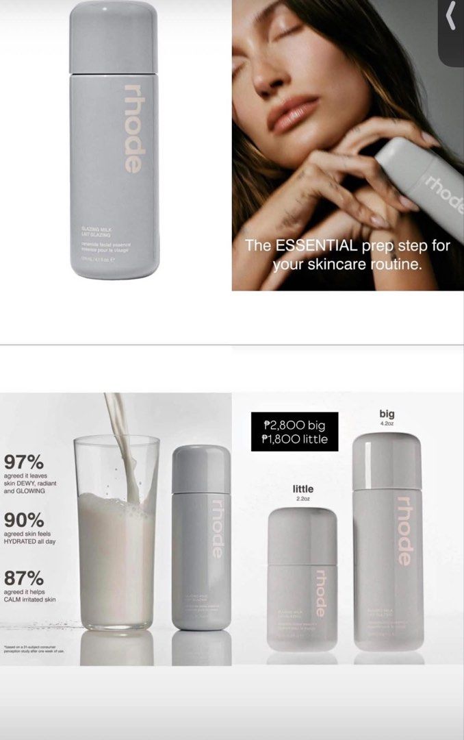 Rhode Glazing Milk **see description** (Category: Face Care) located in Concepcion. Submitted by ekiaaa (Listing ID 1443147911, Image 1). Description: 🌸 OPEN FOR US PASABUY 🌸 BRAND NEW & LEGIT FROM US 🌸 AVAILABLE IN 2 SIZES 🌸 BIG SIZE: ₱2,800 🌸 SMALL SIZE: ₱1,800 - Rhode Glazing Milk: The essential prep step for your skincare routine. - Leaves skin feeling dewy, radiant, and glowing (97% agreed). - Provides all-day hydration (90% agreed). - 