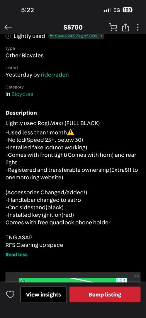 Rogi Max (Category: E-Scooters & E-Bikes) located in Singapore. Submitted by alexxeii (Listing ID 1443220146, Image 3). Description: Selling on behalf of a friend, price can be negotiated but not too low - Rogi Max+ folding e-bike in full black - 36V 21AH Battery + 2A Charger - Used for less than a month (like new) - Basic model: No LCD display (speed 25+, below 30 km/h) - Front and rear lights included, with horn - Upgraded Astro handlebars - Ad