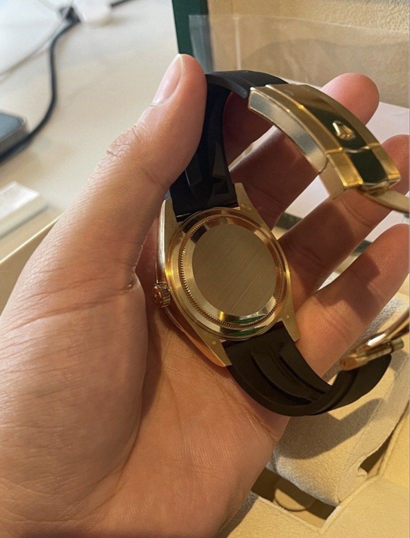 Rolex Sky-Dweller Yellow Gold Black Dial Rubber Strap 326238 (Category: Watches) located in Singapore. Submitted by wanderer1221 (Listing ID 1443215232, Image 3). Description: Rolex Sky-Dweller in yellow gold with black dial and rubber strap. Full set (box & papers). Perfect for travel and daily use. Item is in mint condition Factory sticker is still intact for back casing and clasp. Rolex sky dweller yellow gold black dial ref: 326238 Watch is w