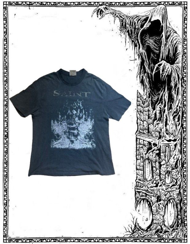 Grunge Saint T Shirt (Category: Tshirts & Polo Shirts ) located in Manila. Submitted by playingwithhfire (Listing ID 1443239377, Image 1). Description: - Black t-shirt with 'SAINT' brand name. - Features a dark, gothic graphic print: castle and grim reaper. - Short sleeves and crew neck. - Ideal for casual everyday wear..