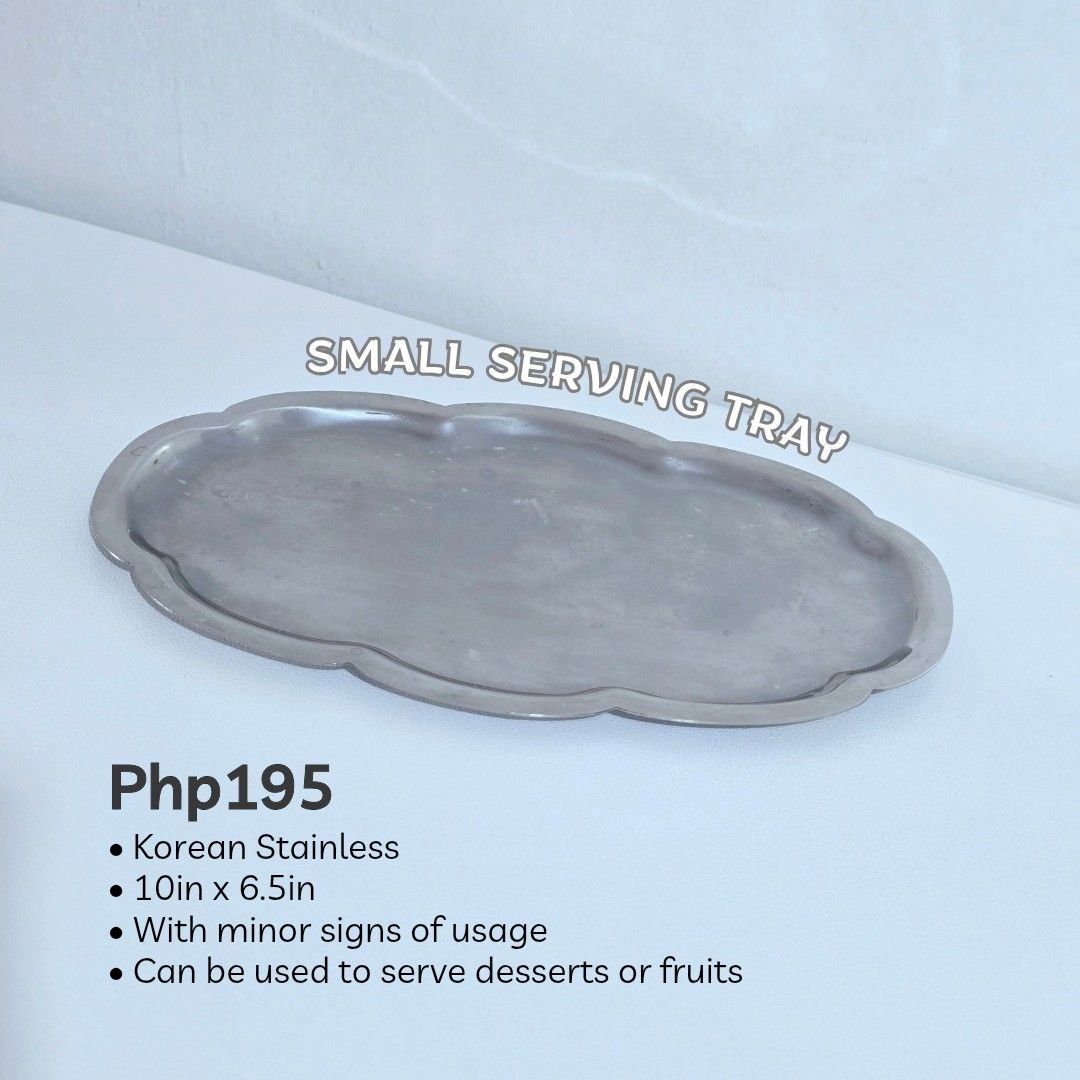 Small Korean Stainless Serving Tray (Category: Other Kitchenware & Tableware) located in Muntinlupa City. Submitted by ohbellaboutique.ph (Listing ID 1443191667, Image 2). Description: • Korean Stainless • 10in x 6.5in • With minor signs of usage • Can be used to serve desserts or fruits.