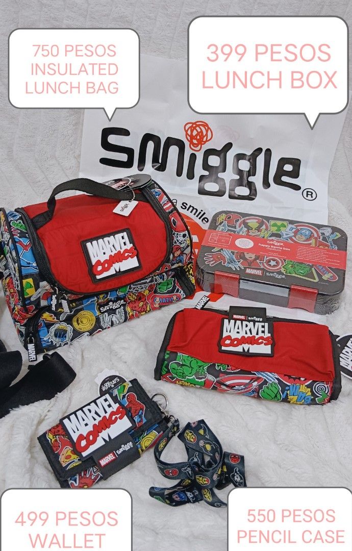 Smiggle Marvel Collection: Lunch Bag, Wallet, Pencil Case, Lunch Box (Category: Babies & Kids Fashion) located in Manila. Submitted by masterlei (Listing ID 1443230656, Image 1). Description: - Smiggle Marvel Collection! - Items available: Insulated Lunch Bag (P750), Lunch Box (P399), Wallet (P499), Pencil Case (P550). - All feature awesome Marvel Comics designs. - Perfect for Marvel fans! - Check photos for individual item details. - Available f