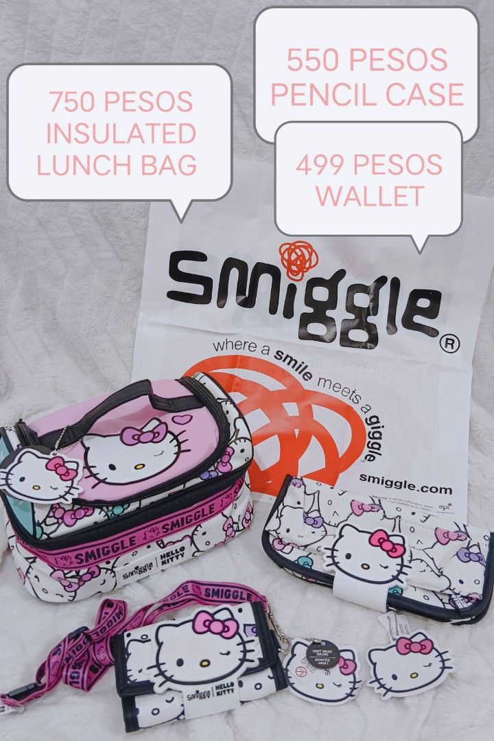 Smiggle x Hello Kitty Insulated Lunch Bag, Pencil Case, Wallet (Category: Babies & Kids Fashion) located in Manila. Submitted by masterlei (Listing ID 1443231107, Image 1). Description: - Smiggle x Kitty Collection - Insulated Lunch Bag: P750 - Pencil Case: P550 - Wallet: P499 - Features iconic Kitty design - Perfect for Smiggle and Kitty fans.