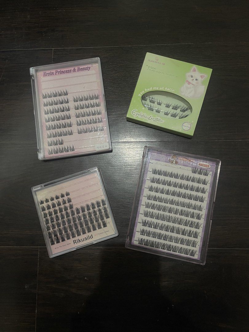 TAKE ALL Lash Clusters w/ FREE lash glue (Category: Makeup) located in Las Pinas. Submitted by lyyynnnnn (Listing ID 1443183315, Image 1). Description: 1)Glamorous Me False Eyelashes - Bought for ₱48 now only ₱20 2)Rikuaild Mixed False Eyelashes - Bought for ₱116 now only ₱80 3)Kuesicr Eyelashes - Bought for ₱203 now only ₱150 4)Ersin Princess and Beauty Self Adhesive Fluffy False Eyelash Clusters - Bought for ₱125 now only ₱50 Total: ₱300 Freebi