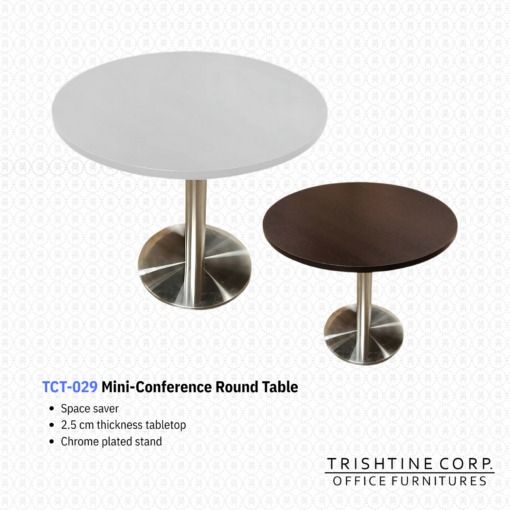 TCT-029 | Mini-Conference Round Table (Category: Tables & Sets) located in Caloocan City. Submitted by jimtapitan_trishtinecorp. (Listing ID 1443181098, Image 2). Description: - Trishtine Corp. Mini Conference Table - Model: TCT-029 - Tabletop: Dark brown, 2.5 cm thick - Stand: Chrome-plated - Design: Space-saving - Ideal for: Small meeting areas, side table DISCLAIMER: Price is for Posting Purposes Only.