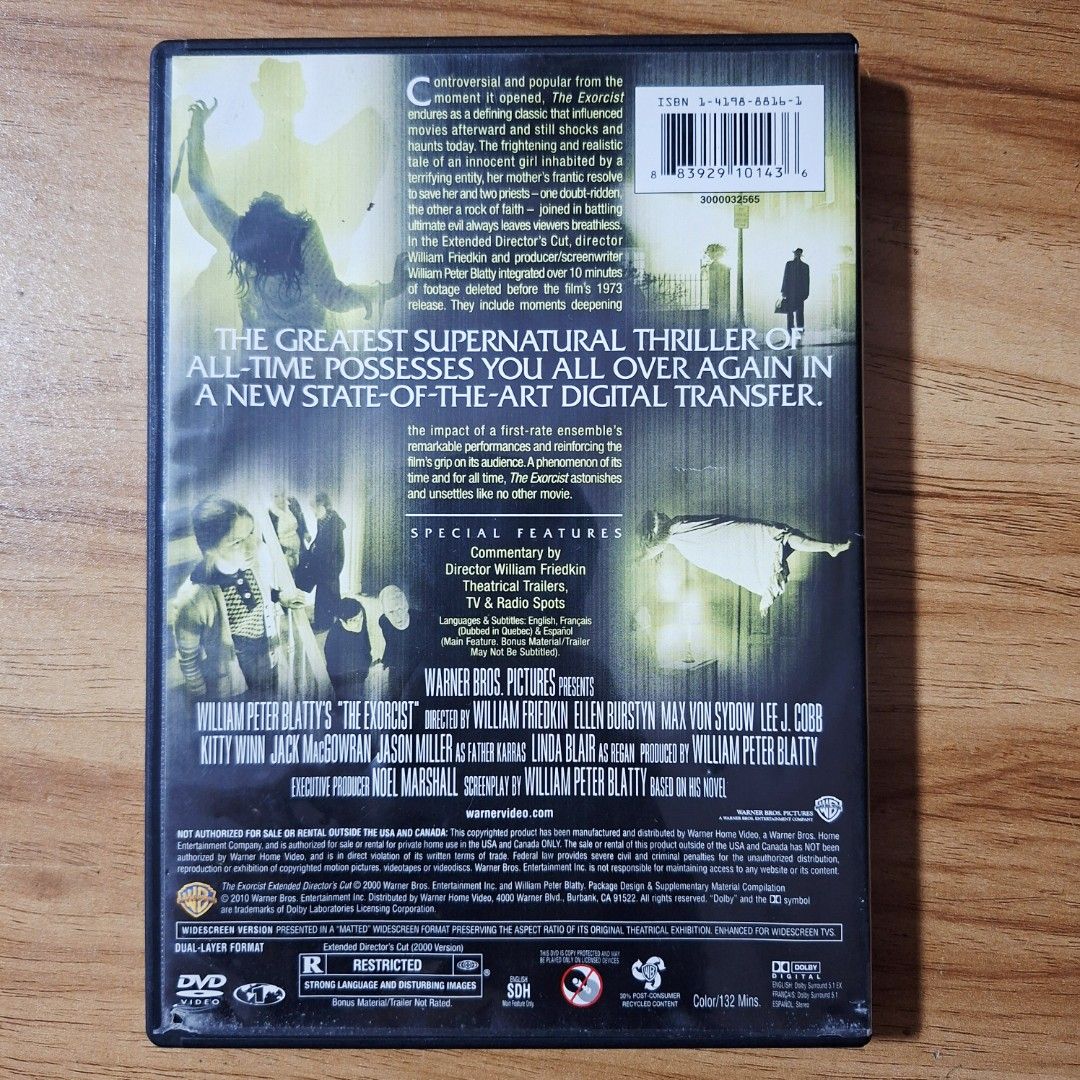 The Exorcist Extended Director's Cut DVD (Category: CDs & DVDs) located in Kabankalan. Submitted by Videoshop.ph (Listing ID 1443249045, Image 2). Description: Exorcist Extended Director's Cut DVD. Directed by William Friedkin. The scariest film of all time. Features a digital transfer. Includes commentary by William Friedkin. Rated R. Region 1..