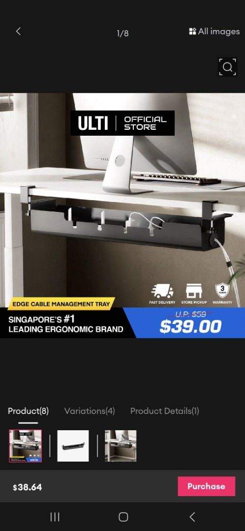 ULTI Edge Cable Management Tray Under Desk Clamp-On