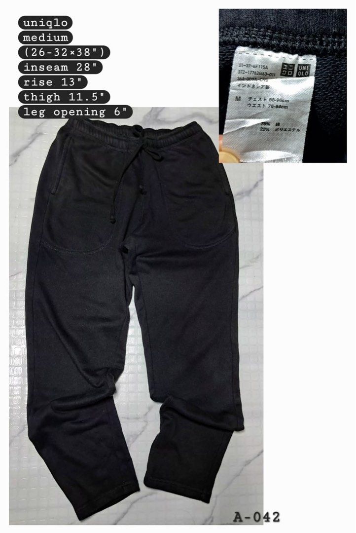 Uniqlo Medium Black Sweatpants Joggers (Category: Joggers) located in Baguio. Submitted by padisellsz (Listing ID 1443249249, Image 1). Description: - Uniqlo Sweatpants - Very good condition - No issues - Color: Black - Size: Medium - Waist Fit: 26-32 inches - Inseam: 28 inches - Rise: 13.5 inches - Thigh: 11.5 inches - Leg Opening: 6 inches - Material: 78% Cotton, 22% Polyester - Origin: Made in Indonesia - Features: Comfortable, casual, everyda