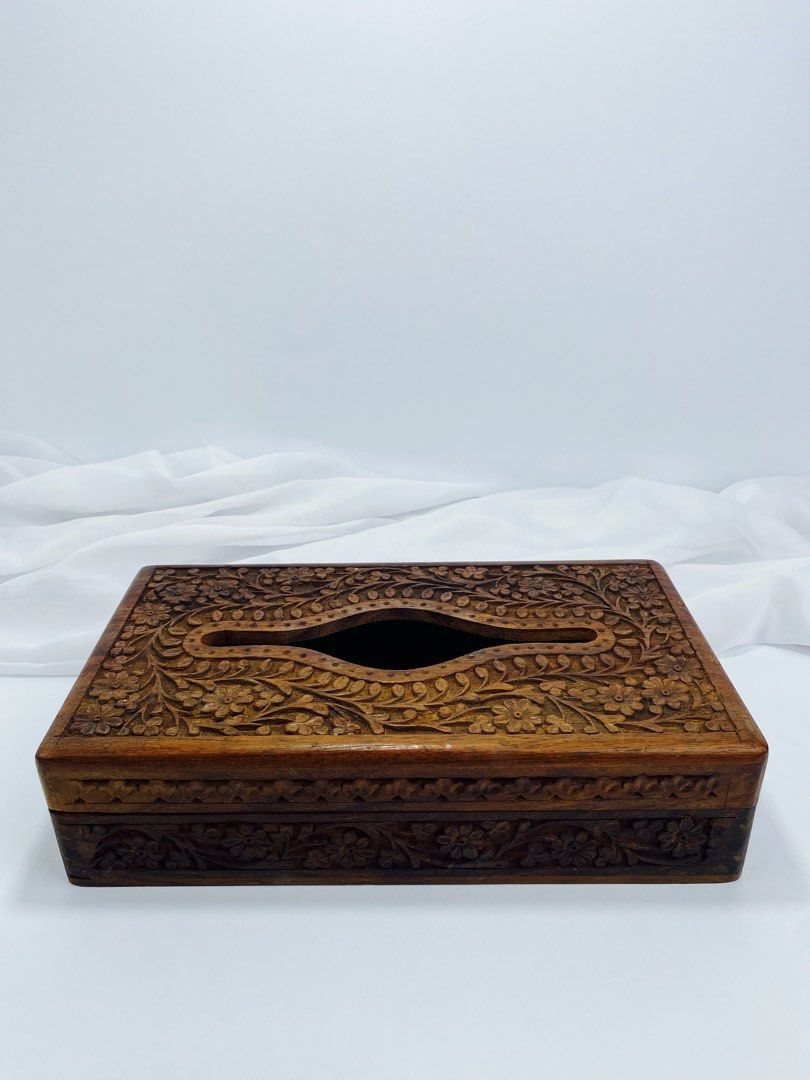 Vintage Hand Carved Tissue Holder (Category: Vases & Decorative Bowls) located in Pasay City. Submitted by thepickypicker (Listing ID 1443268307, Image 1). Description: Vintage Hand Carved Tissue Holder P2,250 Size: 2 3/4 tall, 11 1/8 long, 6" wide .