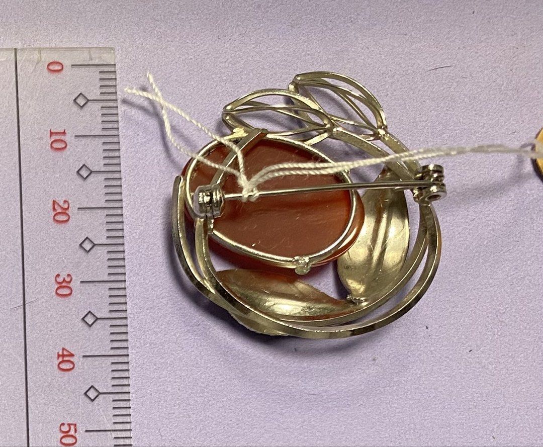 Vintage Silver Leaf Carnelian Brooch Pin (Category: Brooches) located in Mabalacat. Submitted by somethingoldsomethingnew28 (Listing ID 1443185772, Image 2). Description: - Beautiful vintage brooch - Silver-tone metal with leaf and vine details - Large, oval carnelian stone (rich, translucent orange-red) - Pin closure on back - Approximately 4.5 cm in length.