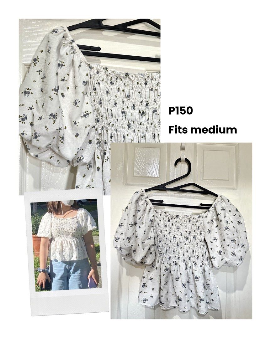 White Floral Smocked Puff Sleeve Top (Category: Blouses) located in Mandaluyong City. Submitted by busybugzy (Listing ID 1443283887, Image 1). Description: - Cute white top - Floral print - Smocked bodice - Puff sleeves - Fits medium to semi large size.