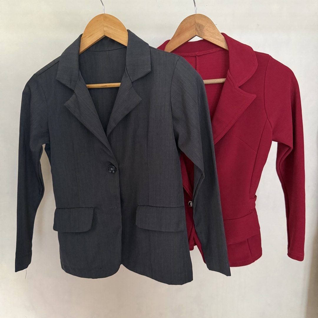 Women's Blazer Jacket - Dark Grey & Red (Category: Coats, Jackets and Outerwear) located in Rodriguez. Submitted by mykaignacio (Listing ID 1443154628, Image 1). Description: XS Bundle blazers: Dark Gray & Solid Red for only 150! ✔️ Decluttering ✔️ Affordable find / pamigay price ✔️ Preloved item — please manage expectations 🤍 📍 Rodriguez, Rizal 📩 DM to reserve | First to pay basis .
