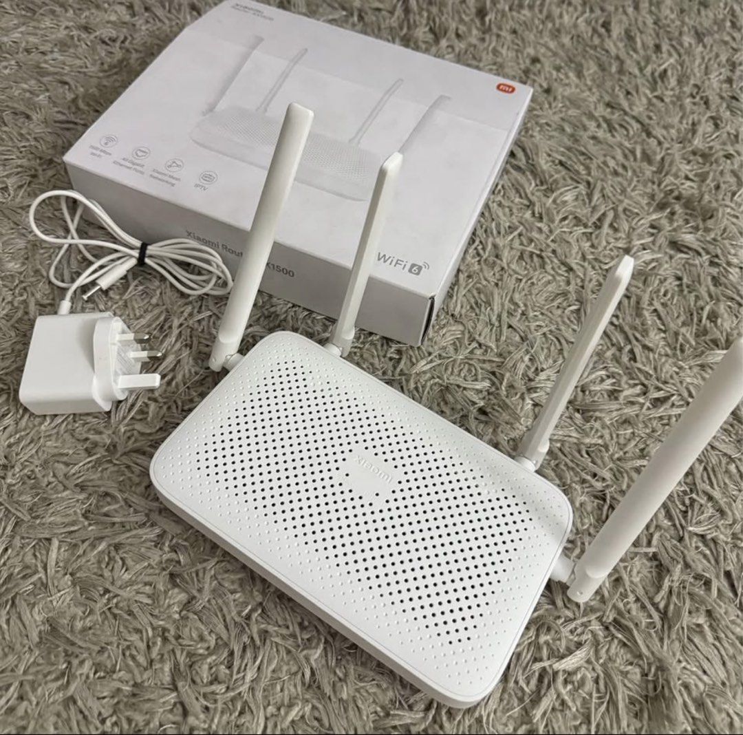 Xiaomi AX1500 WiFi 6 Router (Category: Networking) located in Manila. Submitted by ghieuy (Listing ID 1443277495, Image 1). Description: - Xiaomi AX1500 WiFi 6 Router - Up to 1500 Mbps speeds - All Gigabit Ethernet ports - Supports IPTV - Xiaomi Mesh Networking compatible - Includes original box and power adapter - Experience fast and reliable internet connectivity.