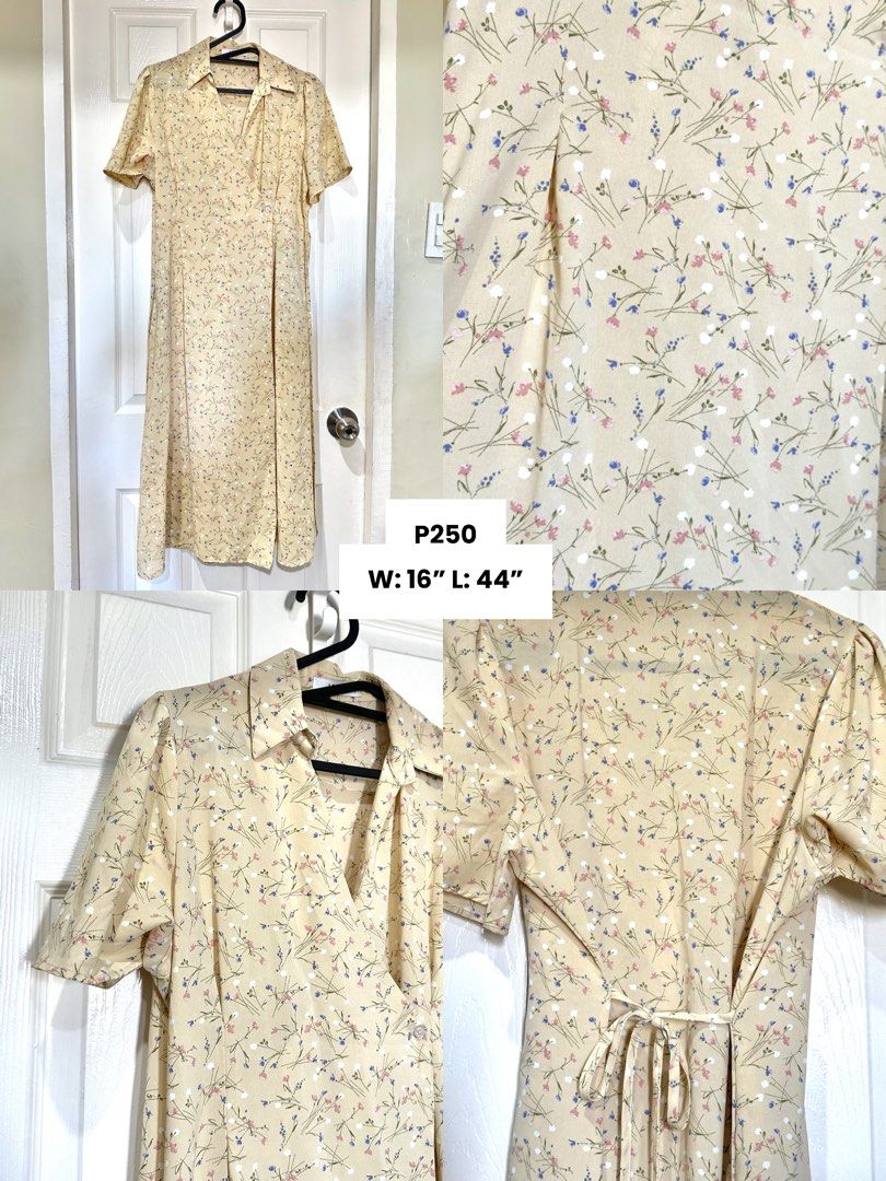 Yellow Floral Wrap-around Dress (Category: Dresses) located in Mandaluyong City. Submitted by busybugzy (Listing ID 1443282001, Image 1). Description: - Yellow midi dress with a dainty floral print. - Features a classic collared neckline and short sleeves. - Adjustable tie at the back for a customized fit..