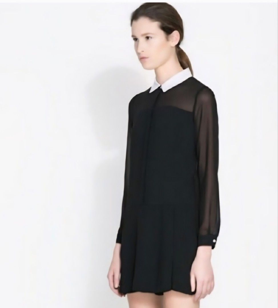 Zara black romper with white collar (Category: Dresses) located in Tuguegarao City. Submitted by dk_declutters (Listing ID 1443283861, Image 1). Description: - Black collared romper with sheer sleeves and back - Button-up front closure and white collar for nice contrast - Versatile for smart casual wear and easy to style up/down - With signs of use but still very presentable.